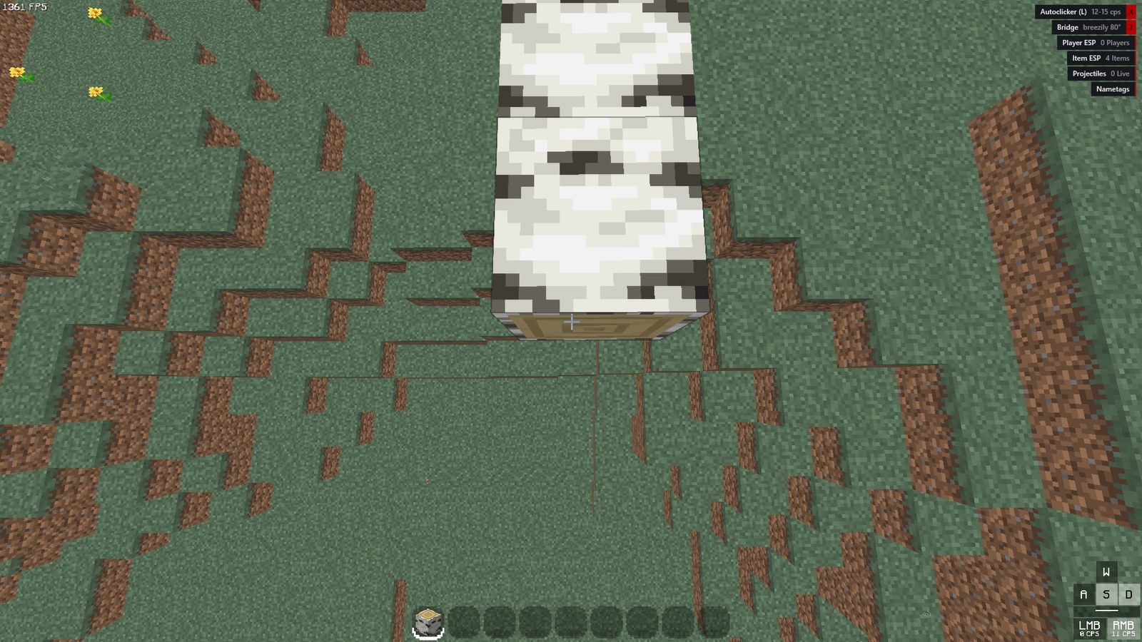 Looking almost straight down at a grass field while placing blocks backwards off the end of a short white bridge. The Dusk readout in the top right corner reads Bridge, breezily, 80 degrees.