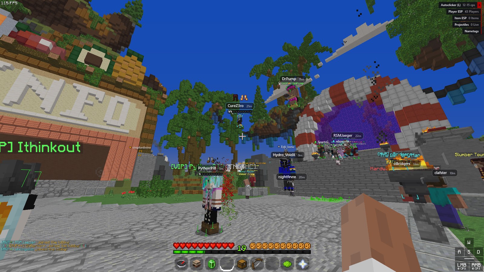 A Minecraft lobby seen from behind the player. Green boxes and floating name tags are drawn over dozens of players, including ones standing behind walls and trees. The Dusk readout in the top right corner reads Player ESP, 43 players.