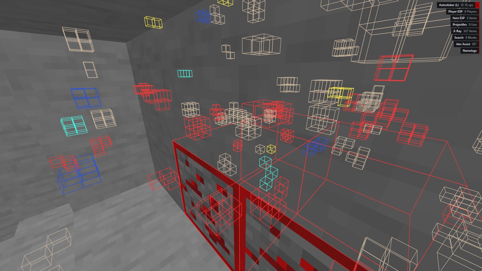 Underground, surrounded by plain stone. Coloured wireframe outlines mark ore through the rock in red, blue, yellow, cyan and white, with a large red outline on a vein just ahead. The Dusk readout in the top right corner reads X-Ray, 327 items.